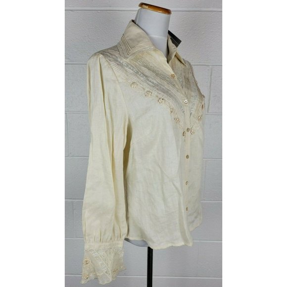 NWT Austin Reed Cream Linen Embroidered Lace Blouse Shirt Cottagecore sz 12 - Picture 4 of 11